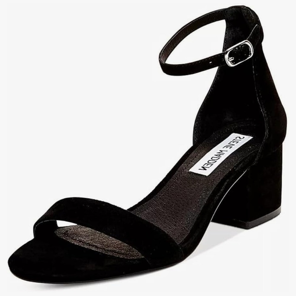 Steve Madden Irenee Round Open-Toe Ankle-Strap Block Heel
Sandals Black Suede
